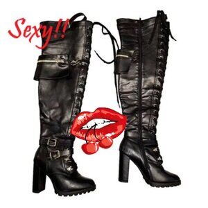 SEXY Black Knee High Boots Size 9.5 Goth Punk Biker Chic Zipper Pocket
